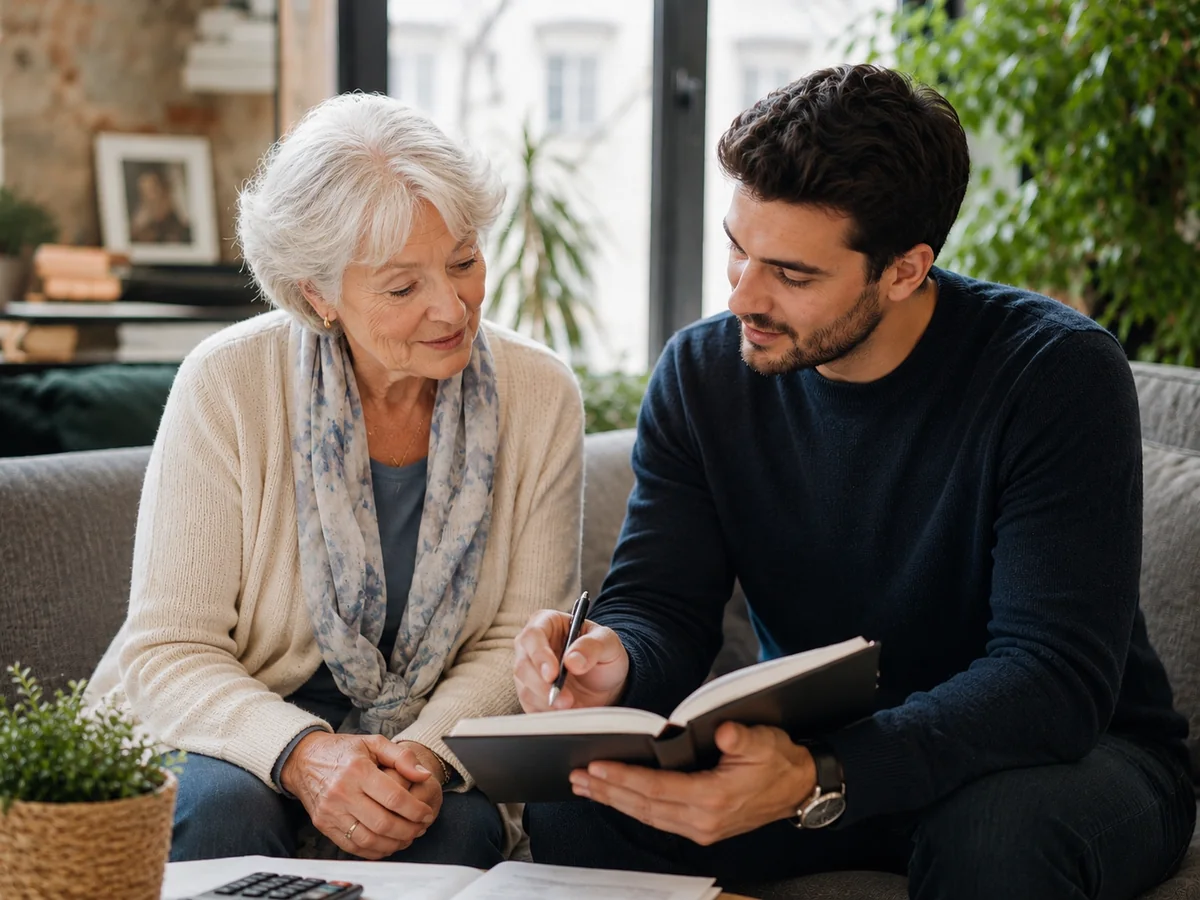 Adult son and father reviewing plans together