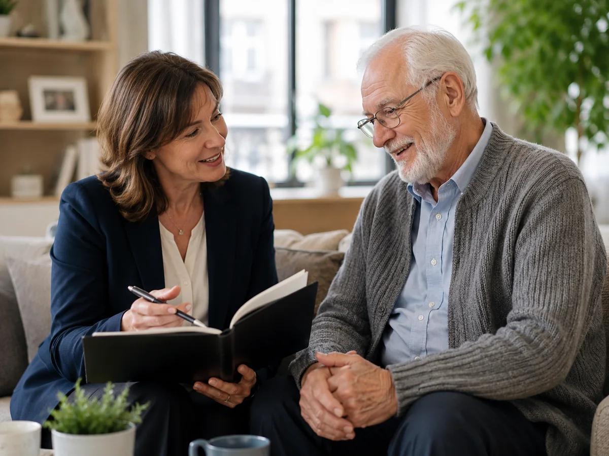 Advisor helping a senior man review a book and notes
