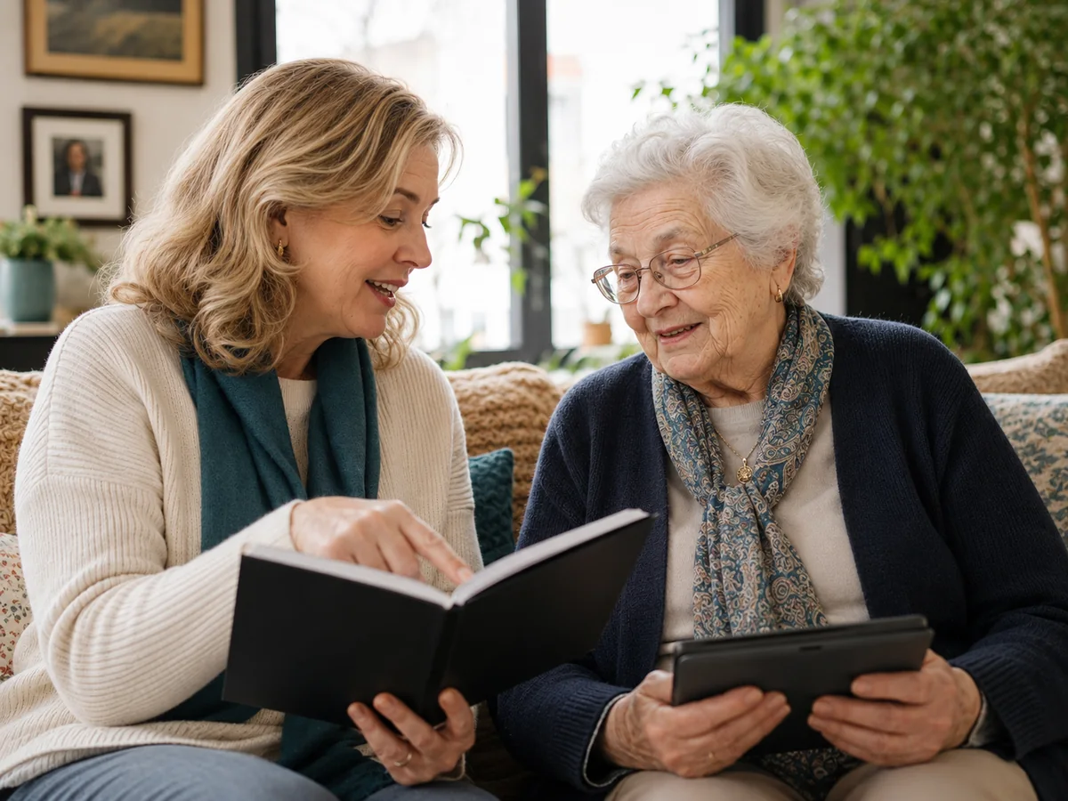 Mother and daughter reviewing planning materials together
