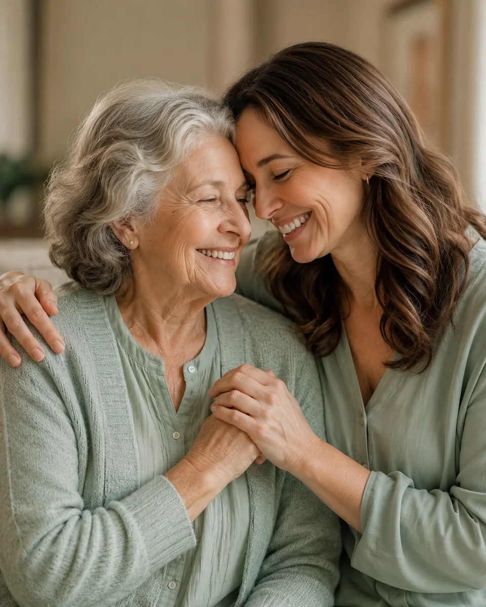Mother and adult daughter in a reassuring embrace