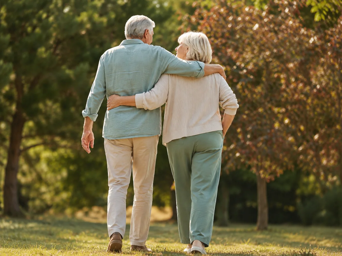 Senior couple walking together through a garden